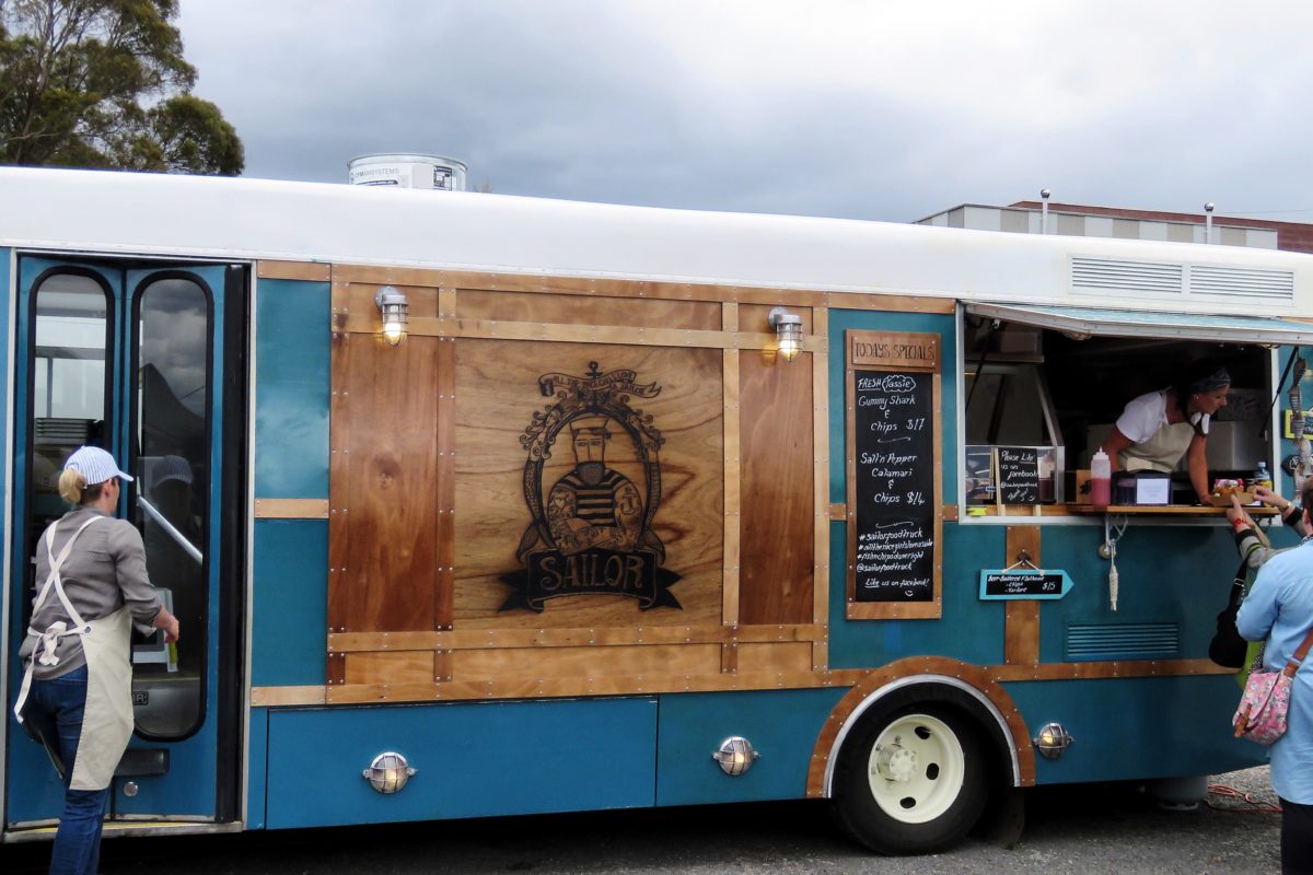 Sailor’s teal and raw-timber food truck serving customers in North Tasmania